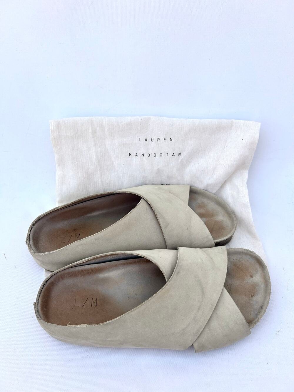 Lauren Manoogian Raw Cross Slides Sandals Shoes Gris Grey Flats 38 Size 7.5